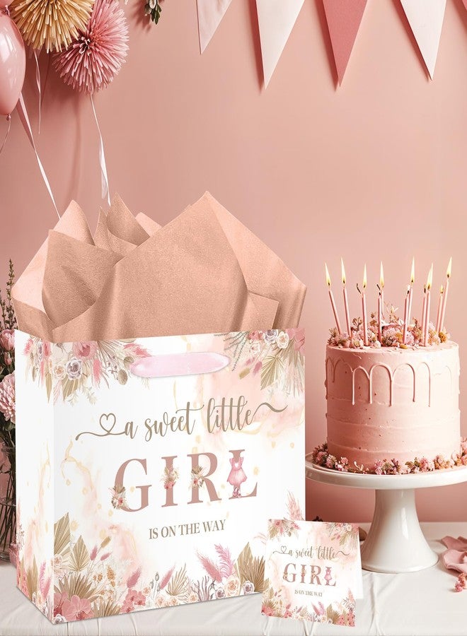 Wayyogh Baby Shower Paper Bag, Pink Floral Sweet Baby Girl Gift Bag with Tissue Paper and Card Boho Dried Flowers Wrap Bag with Handle for Baby Shower Birthday Gender Reveal Party Favors Decorations Supplies - Image 3